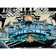 Bold, colorful illustration of the Capitol Theatre sign with ornate detailing, vibrant blue and orange accents, set against an urban backdrop. Retro and lively atmosphere.