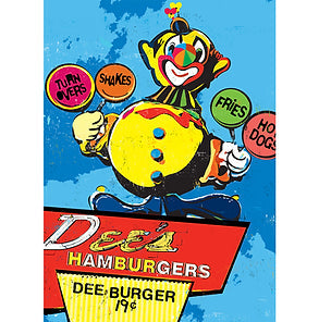 Vintage-style advertisement for Dee's Hamburgers featuring a colorful clown character.