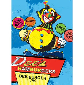 Vintage Dee's Hamburgers sign with a colorful clown holding signs for "Turnovers," "Shakes," "Fries," and "Hot Dogs." Cheerful and nostalgic tone.