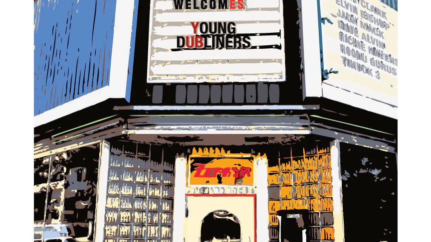 Illustrated image of a venue's marquee announcing "Welcomes Young Dubliners" in bold text. The image has a retro, vibrant, urban tone with stylized colors.