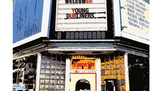 Illustrated image of a venue's marquee announcing "Welcomes Young Dubliners" in bold text. The image has a retro, vibrant, urban tone with stylized colors.