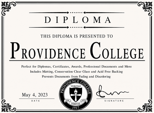 Diploma cover with 'Providence College' branding and decorative elements.