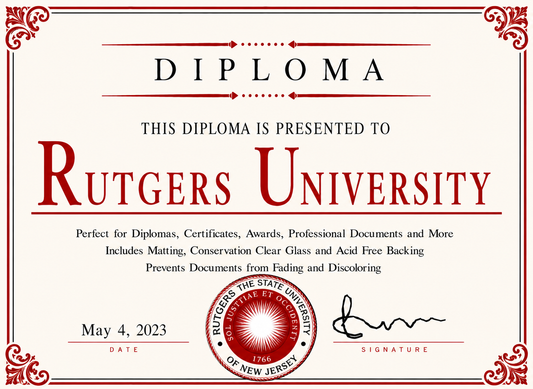 Diploma cover with Rutgers University branding and decorative elements.
