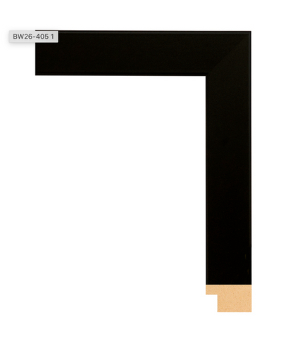 A black, L-shaped picture frame corner with a smooth finish against a white background. A small beige section is visible at the bottom edge.