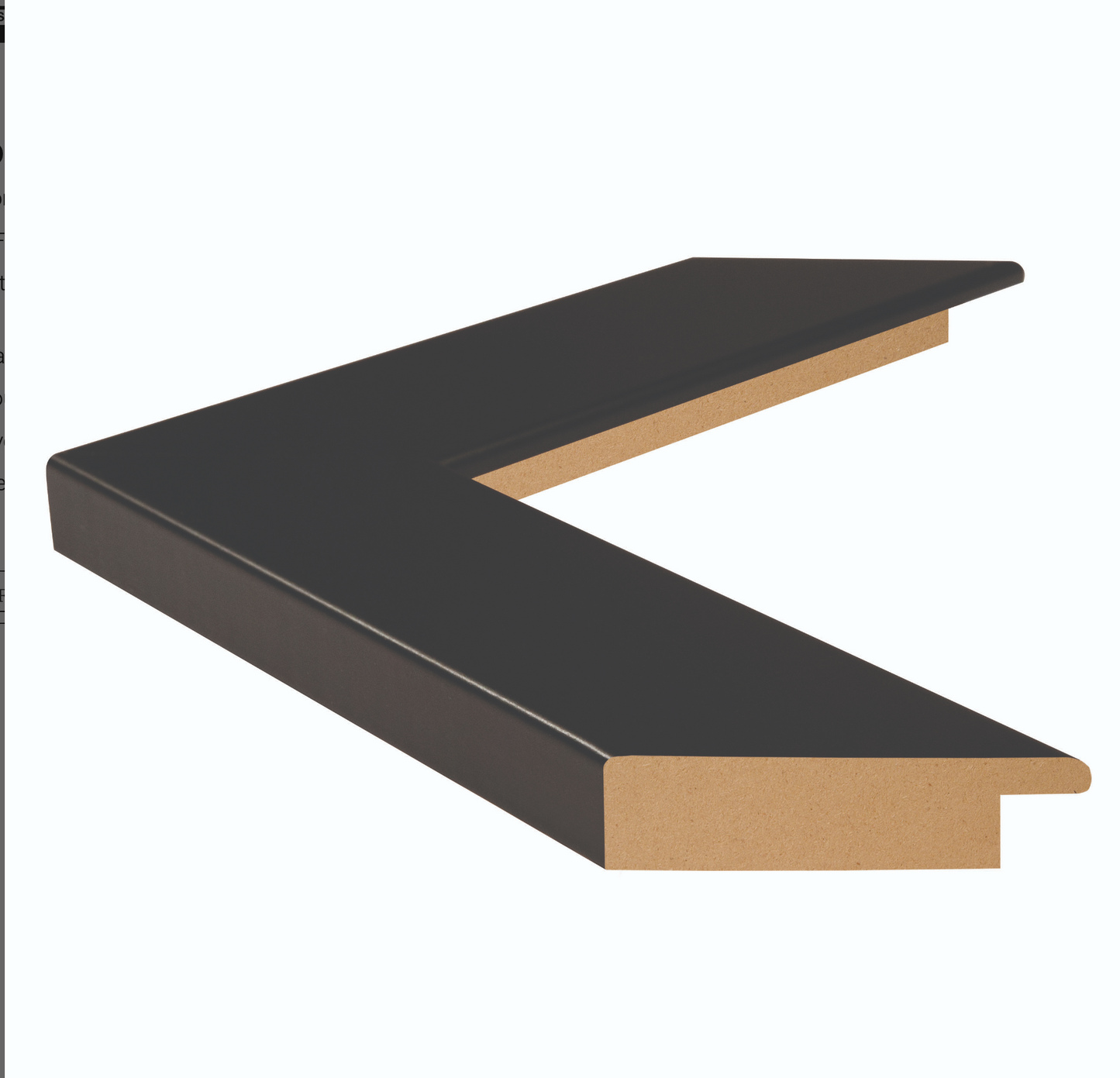 A black picture frame corner with a wooden inner layer, showcasing a sleek, modern design against a white background.