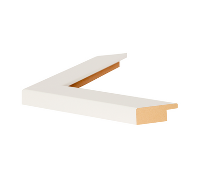 White L-shaped frame corner, with a smooth finish and beige inner edge, isolated on a plain white background, conveying simplicity and modern design.
