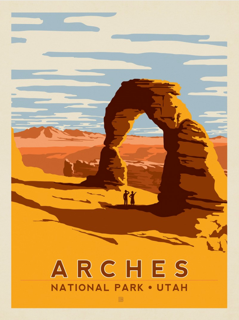 Poster of Arches National Park, Utah, featuring Delicate Arch against a vivid sky. Two small figures stand beneath, evoking adventure and awe.