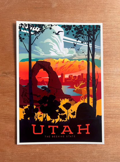 Retro-style Utah poster with bold colors features Delicate Arch, a city skyline, trees, and wildlife set against vibrant red and orange hues. Mood is adventurous.