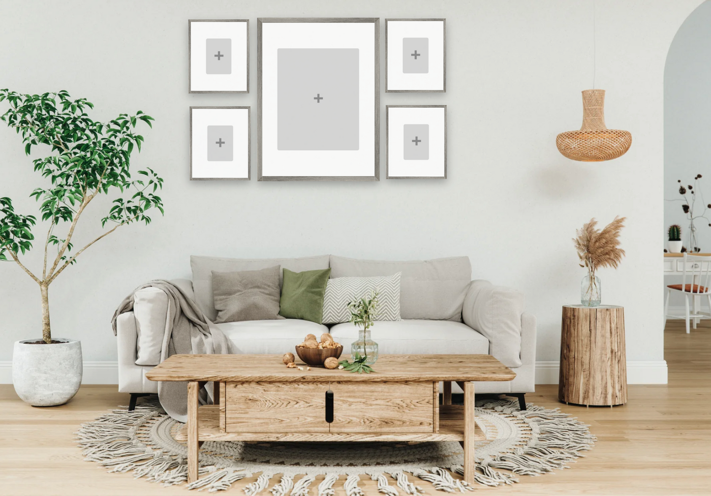 Modern living room with a gray sofa, wooden coffee table, and decorative elements.