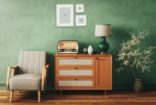 Wooden cabinet with vintage radio, lamp, and decor against a green wall.