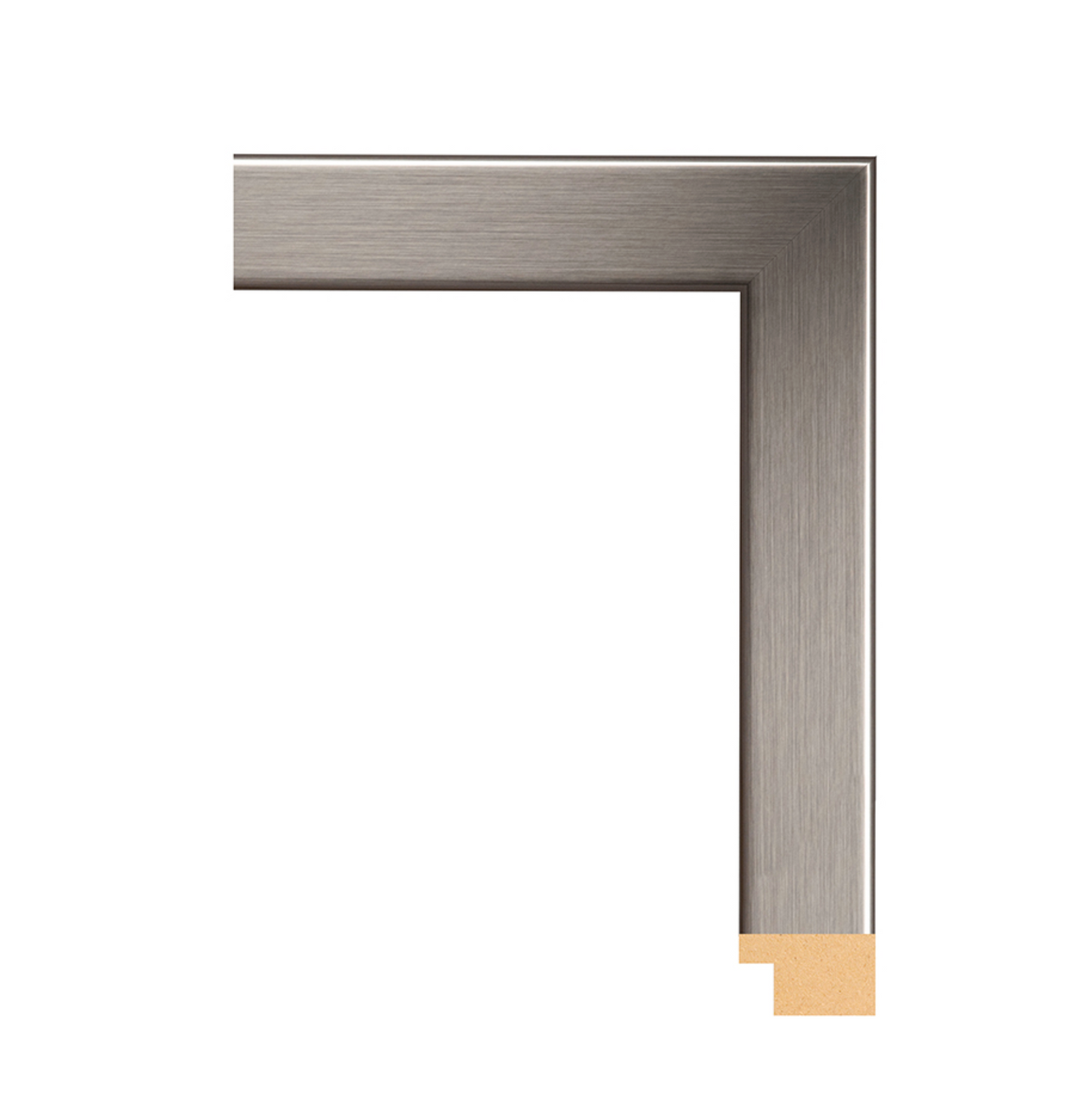 Sleek metallic picture frame corner with a brushed finish, showing a modern design and a touch of wooden texture at the joint, set against a white background.