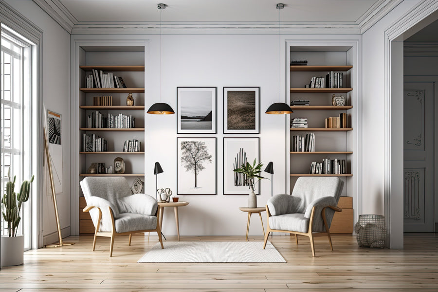 Sophisticated living room with grey armchairs, wooden shelves lined with books, black-and-white photos on white walls, and soft natural light. Cozy ambiance.