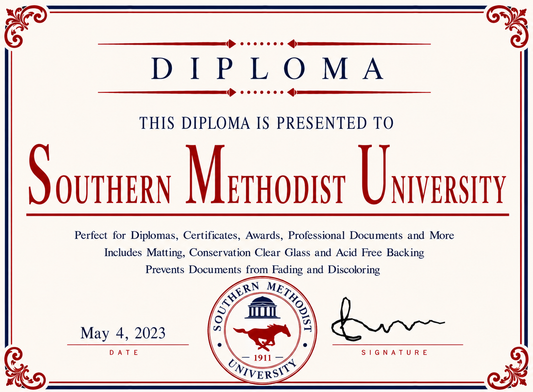 Diploma cover with 'Southern Methodist University' logo and text
