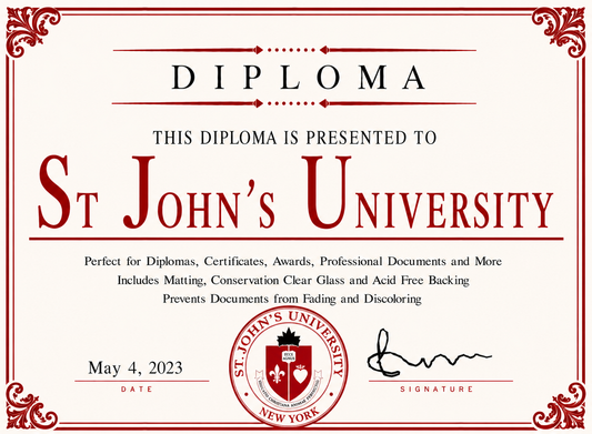 Diploma cover from St. John's University with decorative border and text.