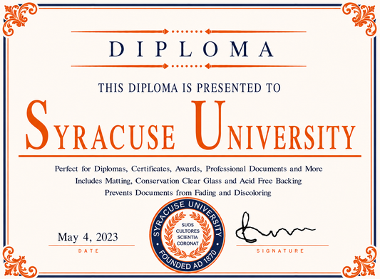 Diploma cover with Syracuse University branding and decorative elements.