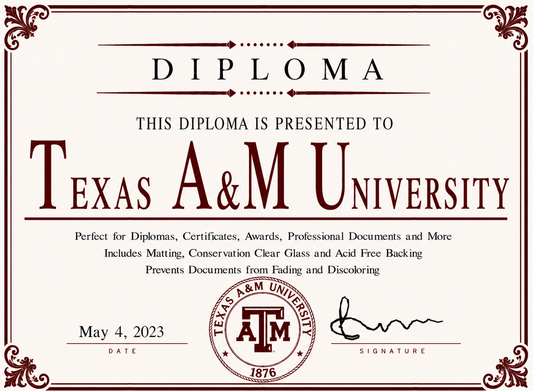 Diploma cover from Texas A&M University with decorative border and text.