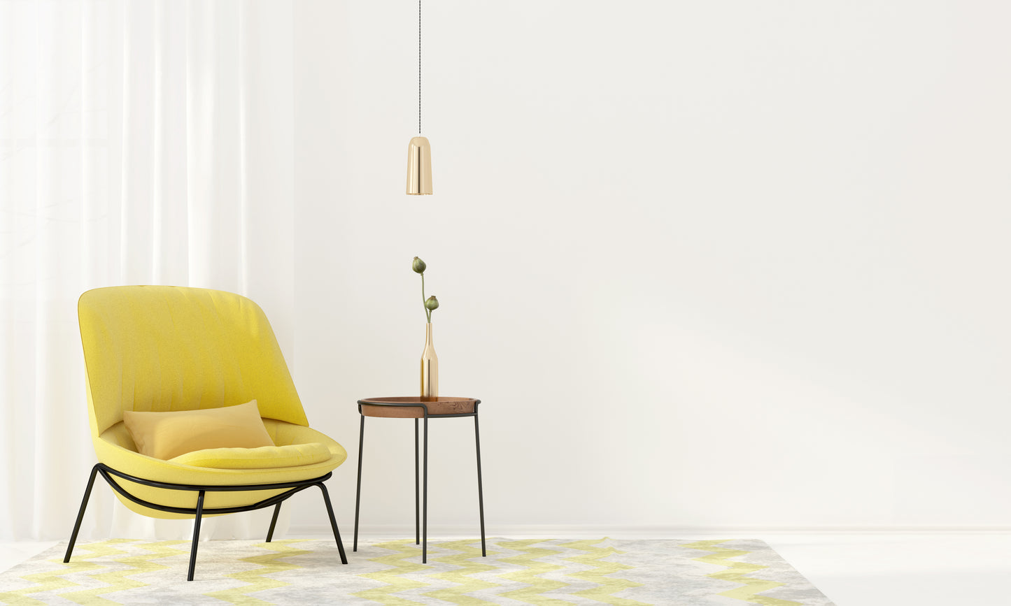 A minimalist room with a yellow armchair, cushion, and side table on a geometric rug. A single flower in a vase and a pendant light enhance the calm ambiance.