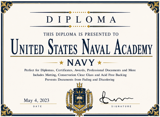 Diploma cover with 'United States Naval Academy Navy' text and decorative elements.