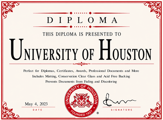 Diploma cover from University of Houston with red border and logo.