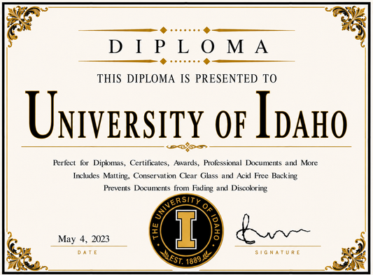 Diploma cover from the University of Idaho with decorative elements and text.