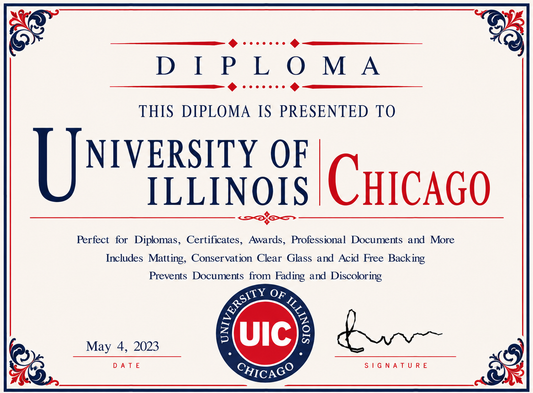 Diploma cover for the University of Illinois Chicago with decorative border and text.