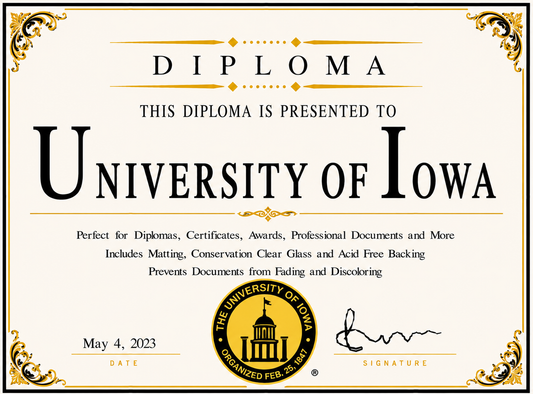 Diploma cover with 'University of Iowa' branding and decorative elements.