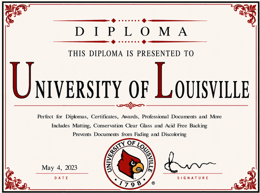 Diploma cover from the University of Louisville with decorative elements and text.