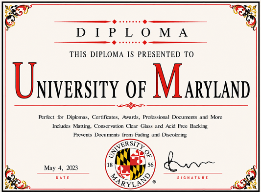 Diploma cover from the University of Maryland with decorative elements and text.