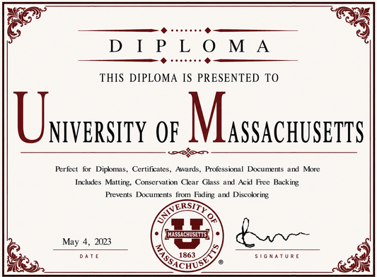 Diploma cover from the University of Massachusetts with decorative elements and text.