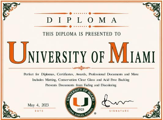 Diploma cover template for the University of Miami with decorative elements.