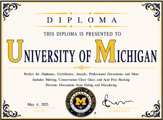 Diploma cover from the University of Michigan with decorative elements and text.