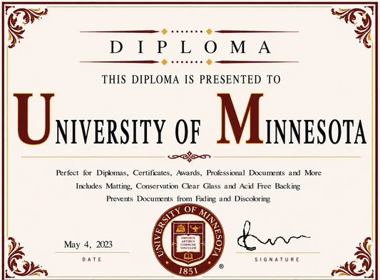 Diploma cover with 'University of Minnesota' logo and text