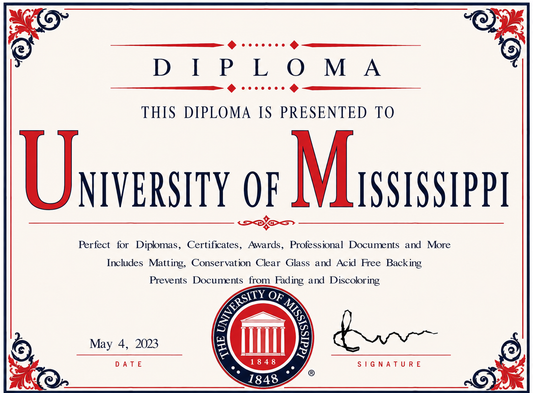Diploma cover from the University of Mississippi with decorative elements and text.