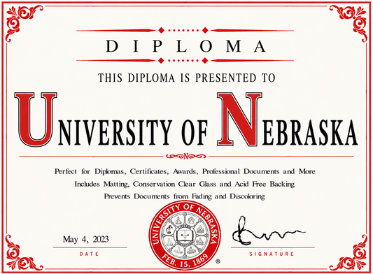 Diploma cover from the University of Nebraska with decorative elements and text.
