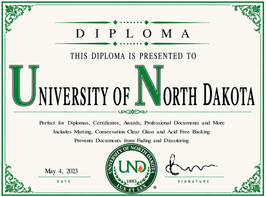 Diploma cover from the University of North Dakota with decorative elements and text.