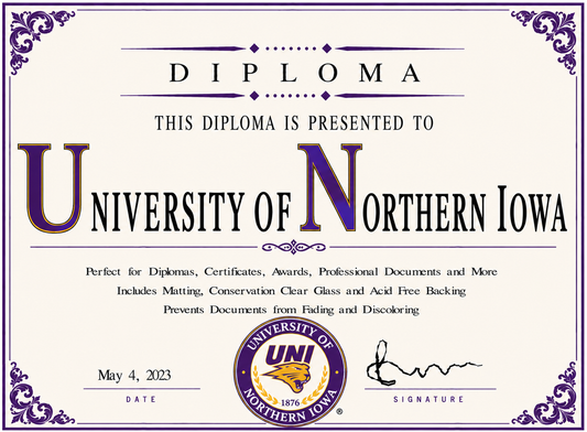 Diploma cover from the University of Northern Iowa with decorative elements and text.