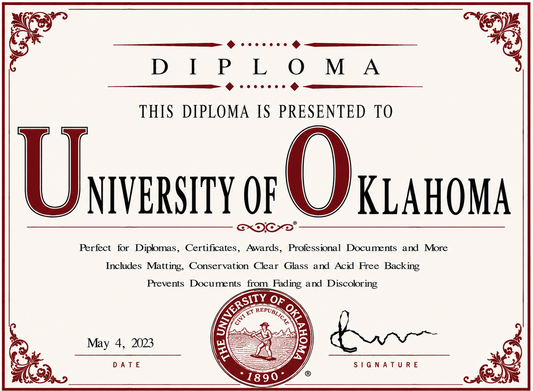 Diploma cover from the University of Oklahoma with decorative elements and text.
