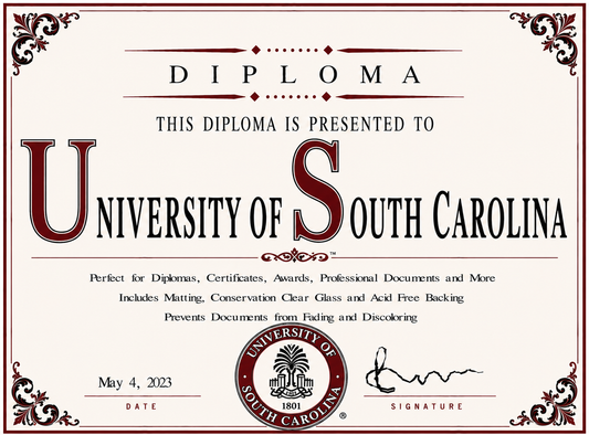 Diploma cover with 'University of South Carolina' branding and decorative elements.
