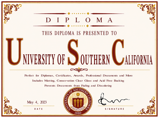 Diploma cover with 'University of Southern California' branding and decorative elements.