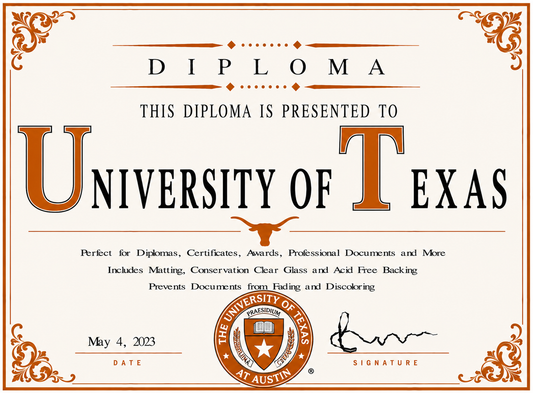 University of Texas diploma cover with decorative elements and branding.
