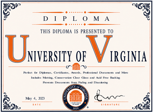 Diploma cover with 'University of Virginia' branding and decorative elements.