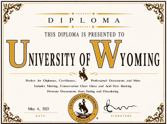 Diploma cover for the University of Wyoming with decorative elements and text.