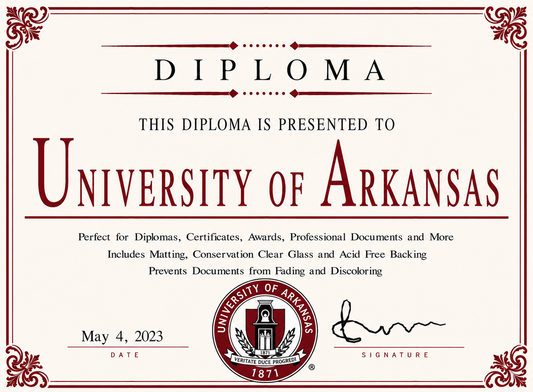 Diploma cover from the University of Arkansas with decorative border and matting.
