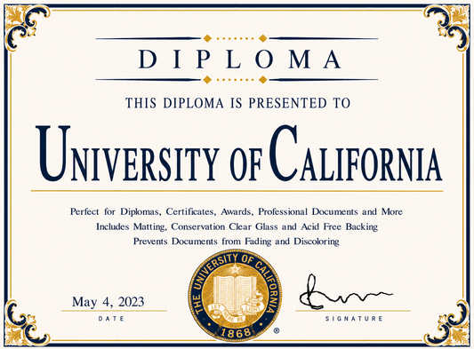 Diploma cover with 'University of California' branding and decorative elements.