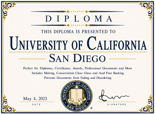 Diploma cover from the University of California, San Diego with decorative elements.