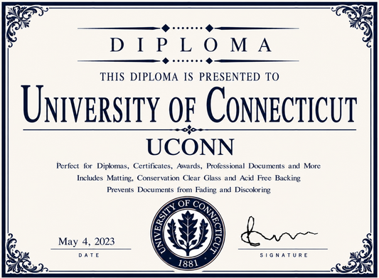Diploma cover from the University of Connecticut with decorative elements and text.