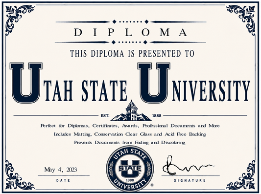 Diploma cover with 'Utah State University' branding and decorative elements.