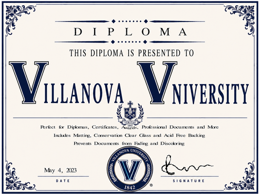 Villanova University diploma cover with decorative elements and text.