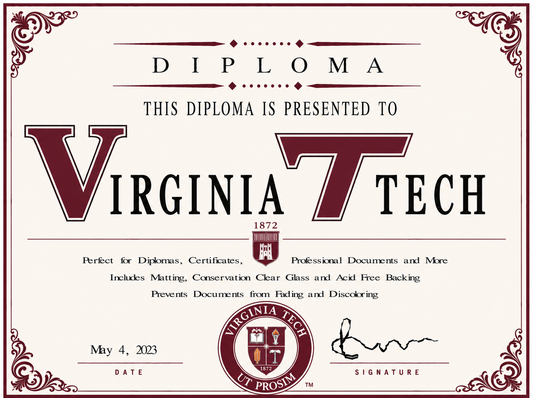 Diploma cover with 'Virginia Tech' branding and decorative elements.