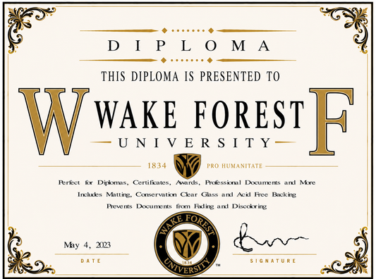 Wake Forest University diploma cover with decorative elements and branding.